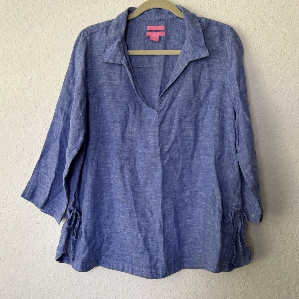 Isaac Mizrahi Womens 100% Linen Tunic Top Sz Large Oversized Blue Coastal Beach